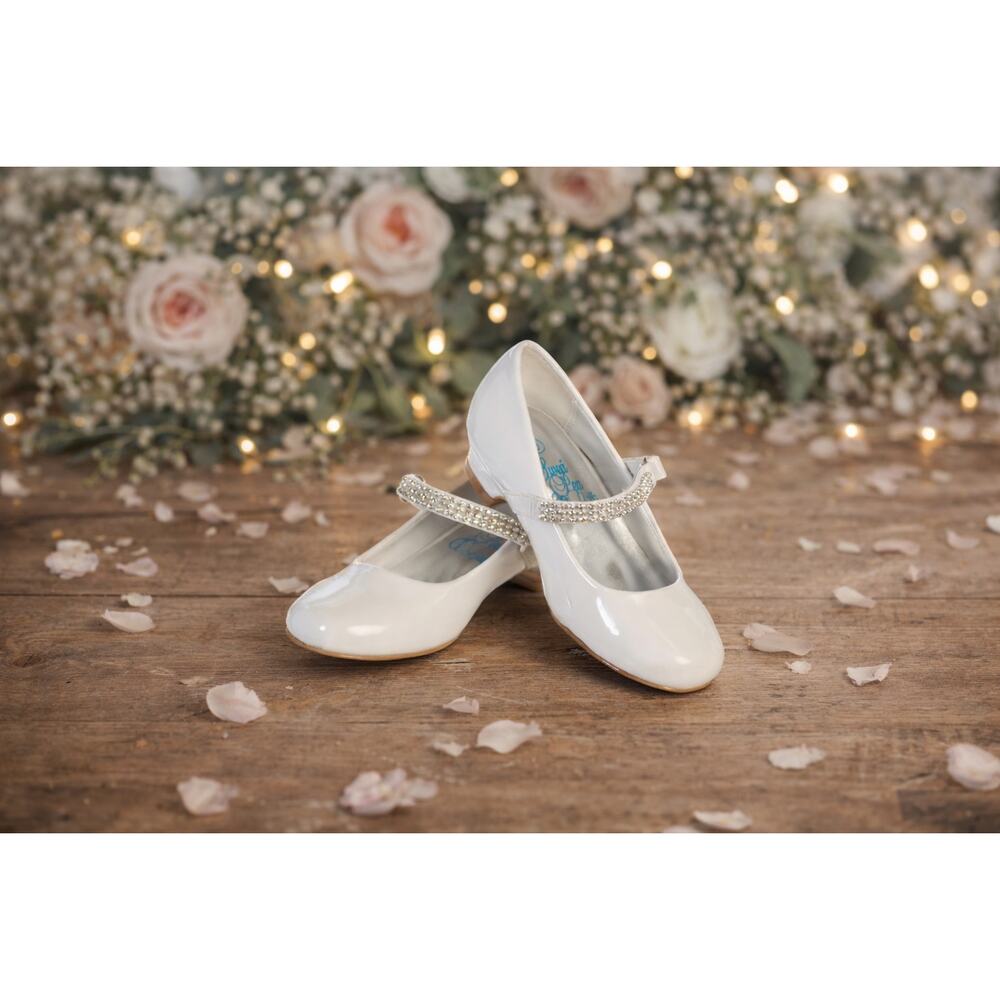 NEW Girl's Communion Dress Shoe-White/Patent Flat Shoe-Rhinestone Strap-Size 11T